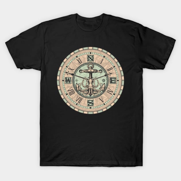 Old Clock Anchor and Octopus Art Drawing Illustration T-Shirt by michony